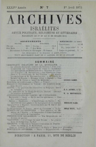 Archives israélites de France. Vol.34 N°07 (01 avr. 1873)
